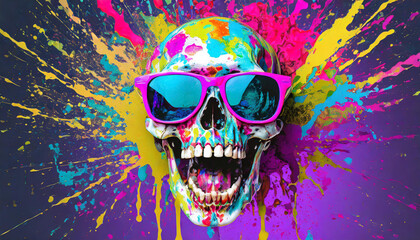 Vibrant pop art style portrait of a skull wearing sunglasses with mouth open and paint splattering...