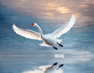 Fototapeta na wymiar White mute swan (Cygnus olor) in flight over the ocean.