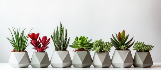 Several modern geometric cement planters containing red and green succulent plants are neatly arranged on a white wood table. The plants are displayed indoors against a white background.