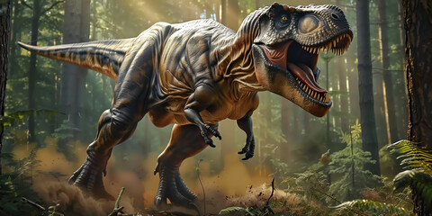 Obraz premium A powerful Tyrannosaurus rex depicted in mid-roar as it moves through a dense, mist-laden prehistoric forest, bringing the Cretaceous period to life.