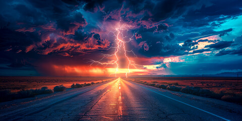 Dramatic Thunderstorm Over a Desert Highway. - obrazy, fototapety, plakaty