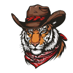 Tiger Head wearing wearing cowboy hat and bandana around neck