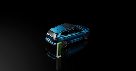 Generic electric car refueling through charger. Charging station provides eco-friendly sustainable power supply for EV vehicle. Concept for future green energy storage.