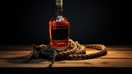 whiskey bottle with ropes and a barrel