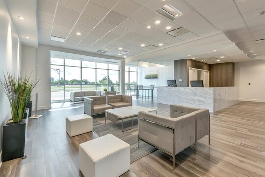 Contemporary office design featuring natural light and minimalistic aesthetics