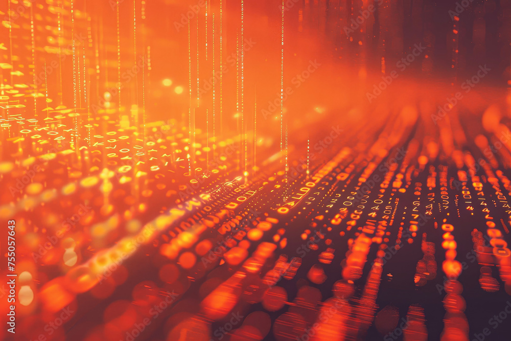 Poster a abstract background with a orange shade, a radial blur, a ascii code, and a retro font