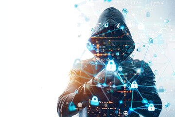 Cybersecurity concept with a hacker isolated on a white background Emphasizing online safety