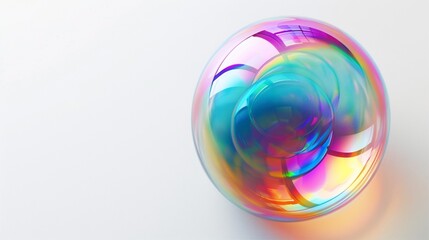 Vivid rainbow-hued bubble shimmering against a blank white canvas, evoking a sense of wonder and playfulness.
