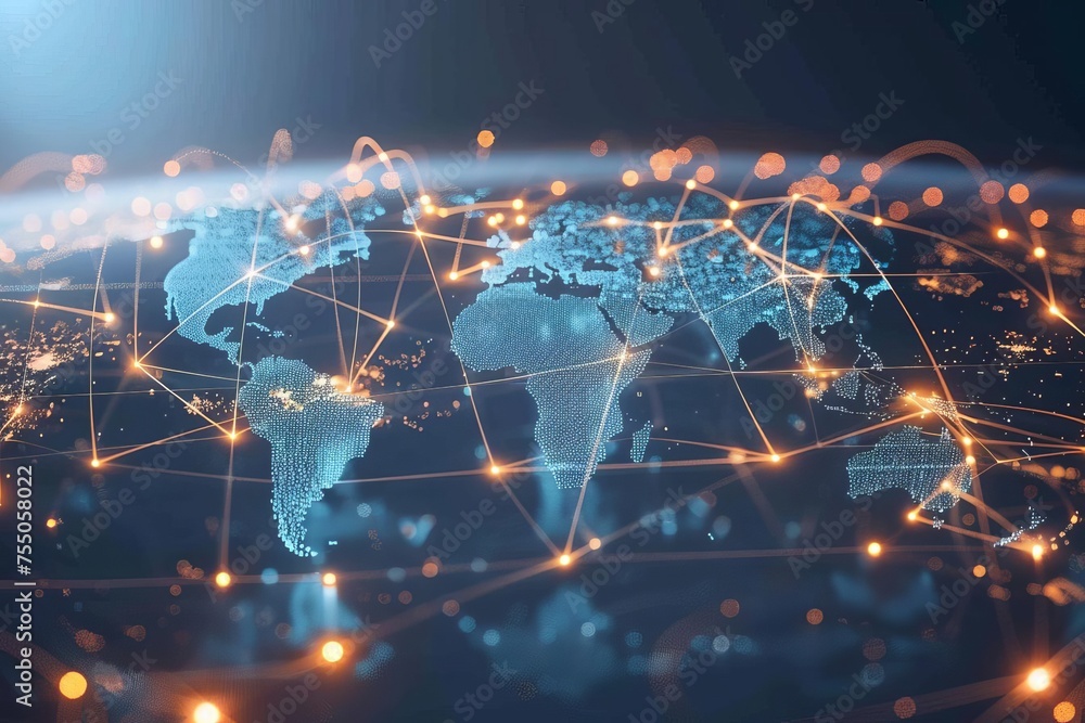 Poster global digital network connections futuristic world map visualization concept of global communicatio