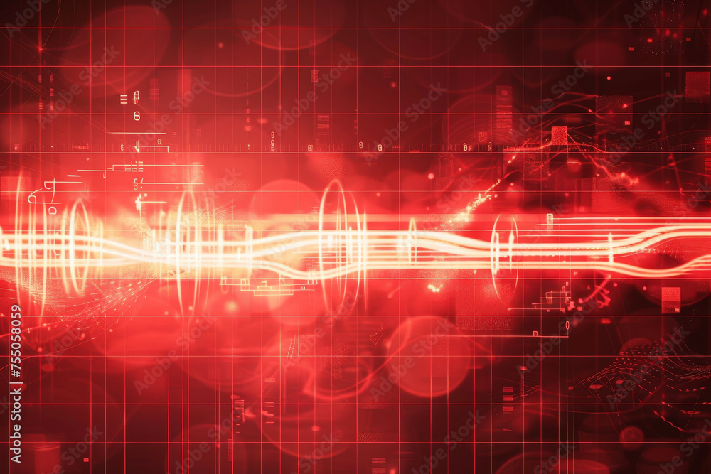 Poster a abstract background with a red color, a light wave, a morse code, and a sound wave