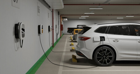 Generic electric crossover car connected to charging box. EV vehicle plugged in energy station, recharge battery at shopping mall or urban city house parking lot.