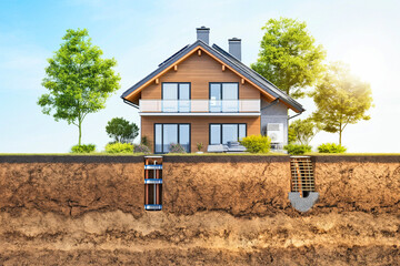 sustainable modern house building with solar panels and heat pump illustration - 755058080