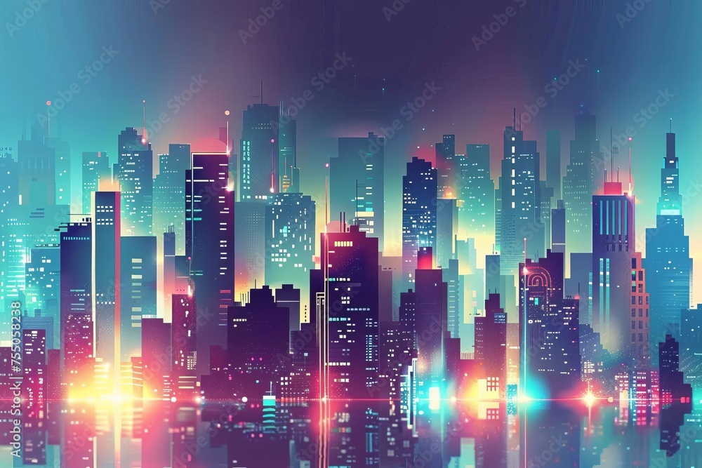 Poster illustration of a bustling future metropolis with dynamic architecture and illuminated skyscrapers c