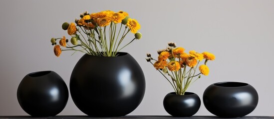 Obraz na płótnie Canvas Three black vases filled with vibrant yellow flowers sit on a table, creating a striking contrast. The flowers are in full bloom, adding a pop of color to the room.