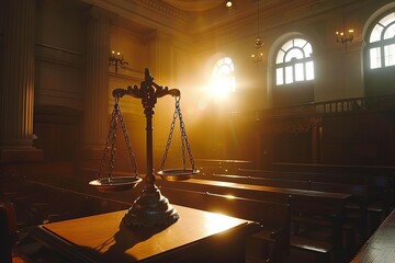 Justice theme with the scales of justice illuminated in a solemn courtroom - obrazy, fototapety, plakaty