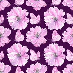 Watercolour Sakura spring flowers illustration seamless pattern. Seasonal Cherry blossom. On purple background. Hand-painted. Botanical Floral elements. Butterflies with pink wings. For print wrapping