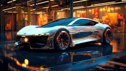Futuristic Electric Car in Blue Light: Hyper-Realistic Photo Scene with Ultra-Modern Design created with Generative AI technology