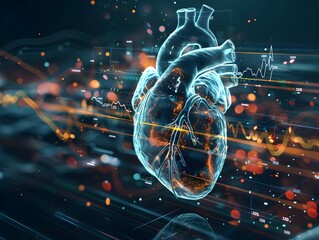 Artificial Heart against an Electronic Background, To convey the concept of artificial heart technology and its integration with digital and