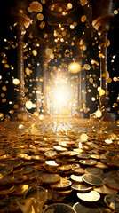 Shimmering Gold Coins: Brilliant, Pristine, Radiant Light Effects and Star Powder created with Generative AI technology
