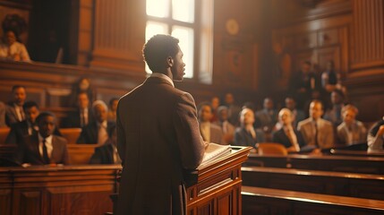 Black Man Speaking in Court, To convey a powerful message about race and justice in a court setting