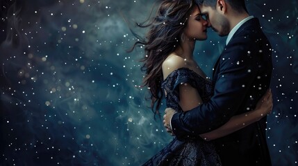 romantic couple hugging on a dark magical background