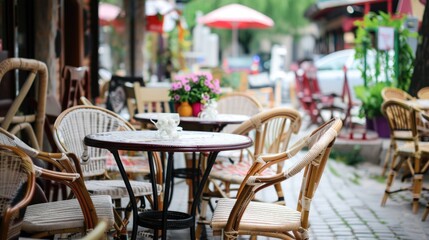 tables and chairs outdoors in a street cafe ready to receive visitors