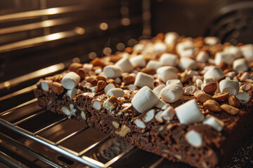 A brownie cooling in the oven with chocolate, nuts and marshmallows