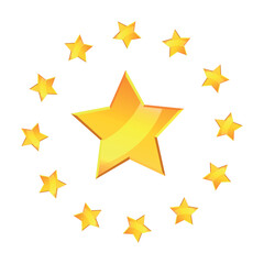 A circle of golden stars, with a large star in the center. Composition of gold stars in flat style. Wealth, premium class, VIP status.