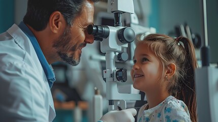 Eye Exam Child and Adult in Vibrant Academia Setting, To provide a visually engaging and...