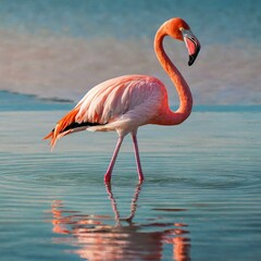 Wasserballett: Anmutige Eleganz inmitten kristallklaren Wassers - ein Flamingo vollendet seine grazile Spiegelung.