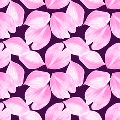 Watercolour Sakura spring flowers petals illustration seamless pattern. Seasonal Cherry blossom. On purple background. Hand-painted. Botanical Floral elements. For print decoration, fabric, wrapping.