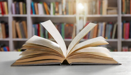 Open book on white table with blurred library background.