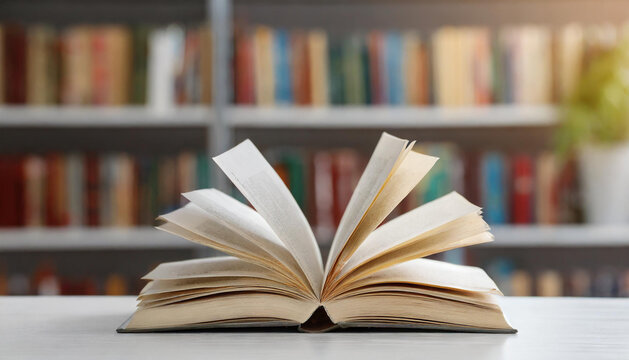 Open book on white table with blurred library background.