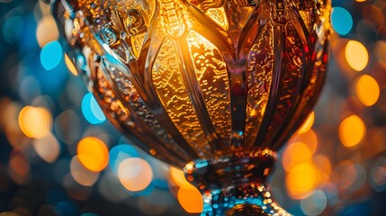 Golden Trophy and Glass Statue in Orientalist Style with Bokeh Lighting, To convey a sense of victory, achievement, and luxury through the use of a - obrazy, fototapety, plakaty