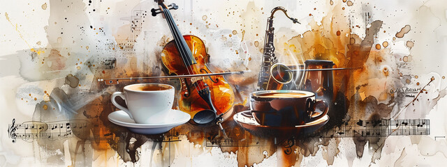Double exposure of coffee and musical instrument, harmonizing the rich notes of coffee with the symphony of melodies. Water color painting style. - 755060285