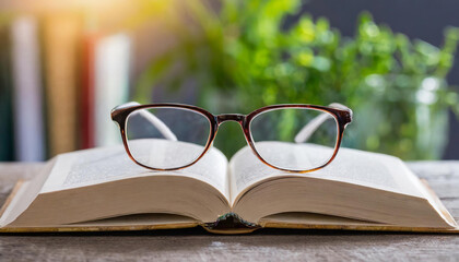 Close-up shot of reading glasses on book. Education concept.