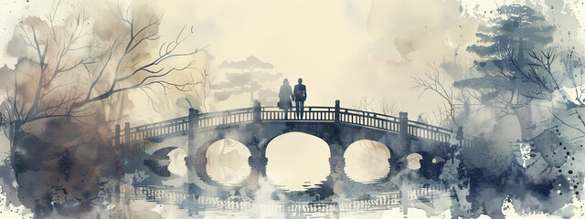 Young couple strolling hand in hand on a romantic bridge on foggy day, water color painting style. - 755060476