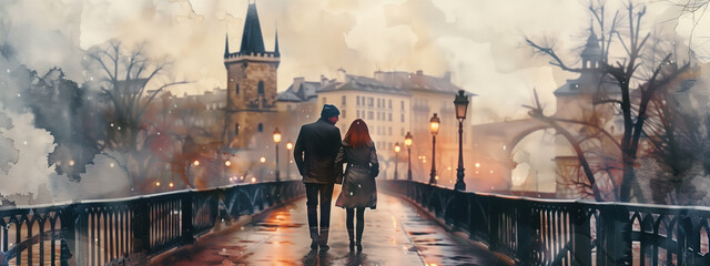 Young couple strolling hand in hand on a romantic European  city bridge on foggy day, water color painting style. - 755060488