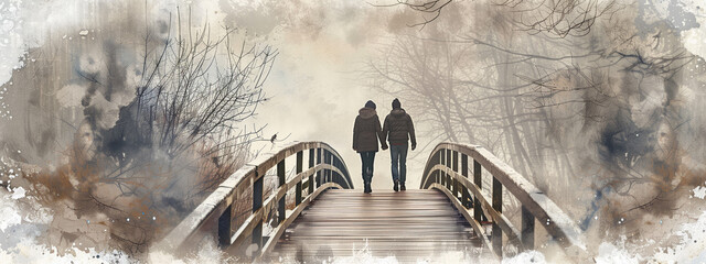 Couple strolling hand in hand on a romantic bridge on foggy day, water color painting style. - 755060490