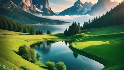 Afwasbaar Fotobehang Blauwgroen lake in mountains
