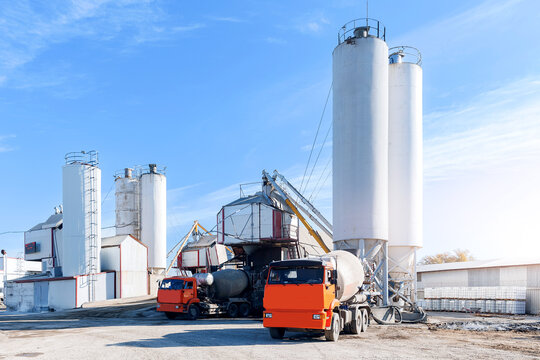 Banner cement factory. Mixer truck delivery concrete mortar, Transportation to construction site