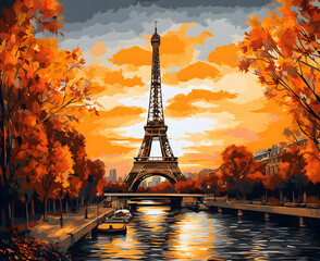 cinematic eiffel tower is seen at sunset in autumn - obrazy, fototapety, plakaty
