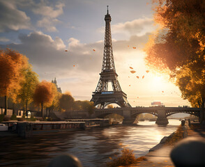 cinematic eiffel tower is seen at sunset in autumn - obrazy, fototapety, plakaty