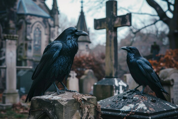 Fototapeta premium A gothic graveyard with tombstones, crosses and ravens