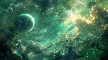 Fototapeta premium Spiritual life concept with space, moon and heavenly lights
