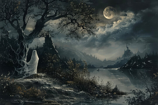 A gothic painting with a dark landscape, a moon and a ghost