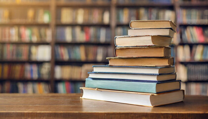 Stack of books on table with blurred library background. - obrazy, fototapety, plakaty