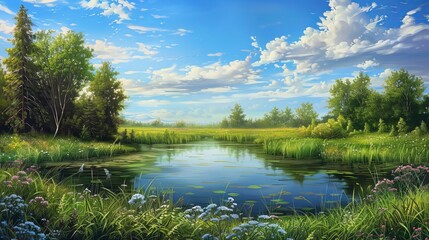 Fototapeta na wymiar Beautiful lake summer season landscape. Greenery and cloudy sky serene fresh natural landscape