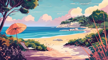 Beach with mountains and trees summer season illustration. 