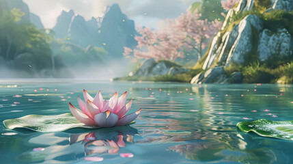 Fabulous beautiful lotus flower on the surface of the lake